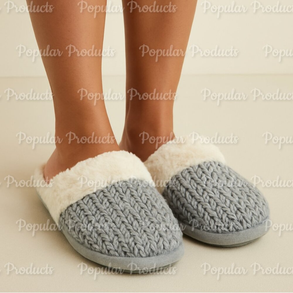 Cable Knit Faux Fur Lined Slippers, Grey